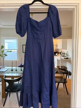 Reformation - Size 2 Linen Navy Puff-Sleeve Midi Dress
